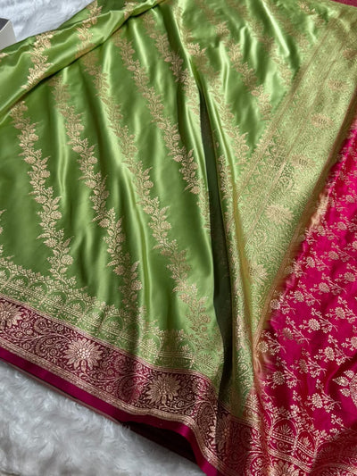 Green / Rani Pink green Contrast Satin Katan Saree Floral Cross Pattern SK155