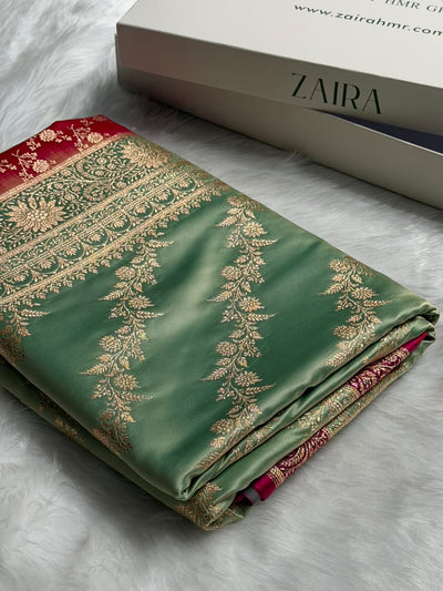 Sea green \ Rani Pink Contrast Satin Katan Saree Floral Cross Pattern SK155