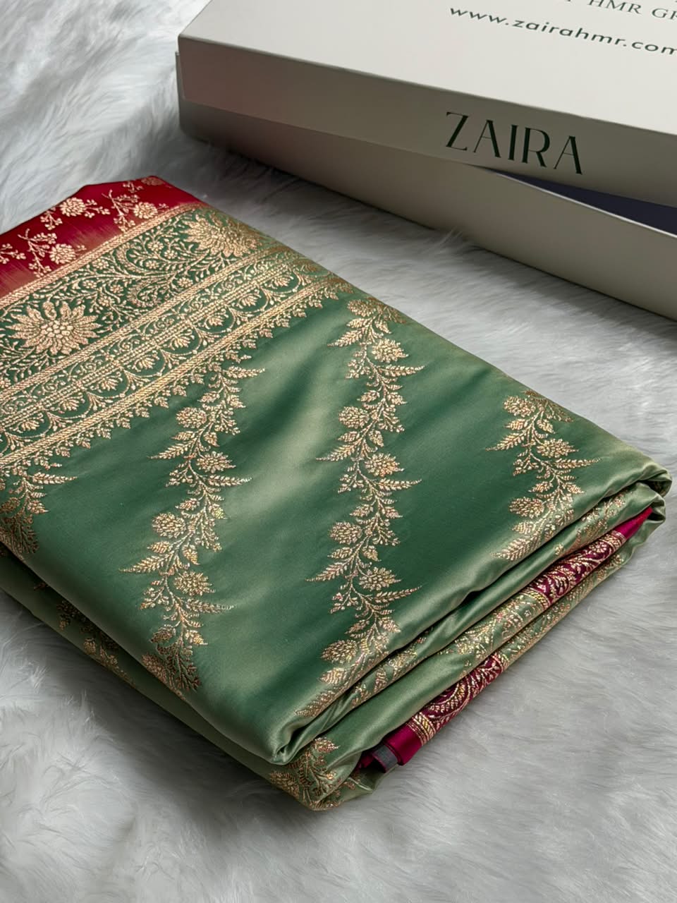 Sea green \ Rani Pink Contrast Satin Katan Saree Floral Cross Pattern SK155