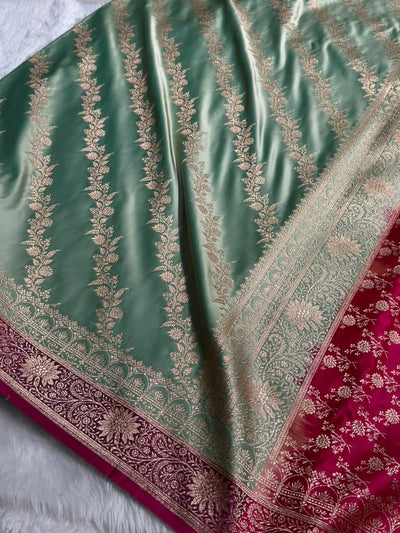 Sea green \ Rani Pink Contrast Satin Katan Saree Floral Cross Pattern SK155