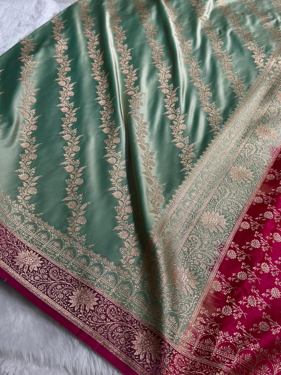 Sea green \ Rani Pink Contrast Satin Katan Saree Floral Cross Pattern SK155