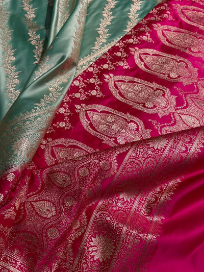 Sea green \ Rani Pink Contrast Satin Katan Saree Floral Cross Pattern SK155