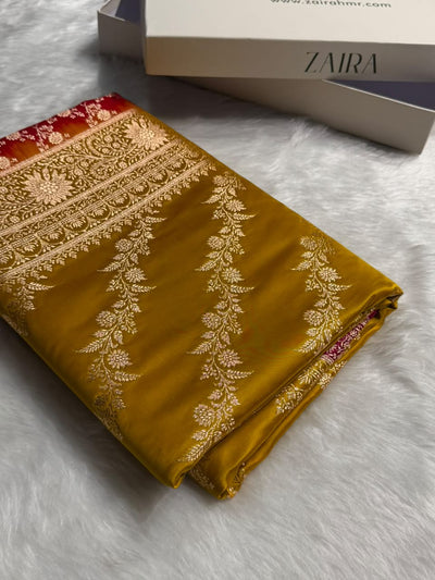 Mustard Yellow \ Rani Pink Contrast Satin Katan Saree Floral Cross Pattern SK155
