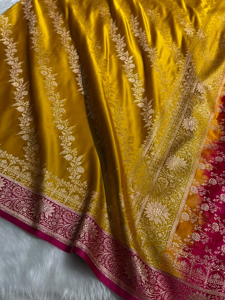 Mustard Yellow \ Rani Pink Contrast Satin Katan Saree Floral Cross Pattern SK155