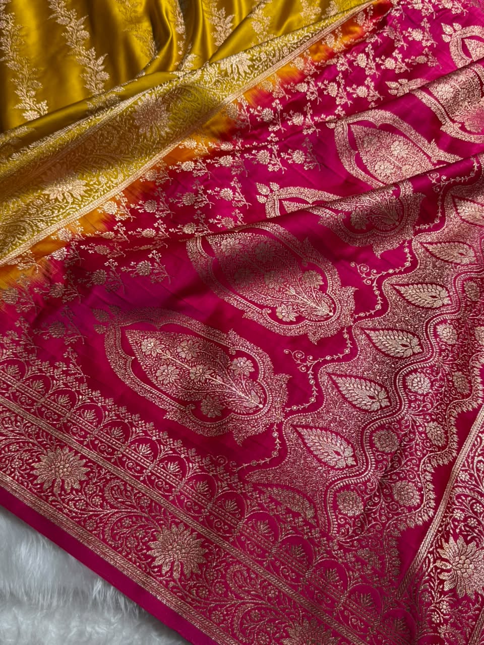 Mustard Yellow \ Rani Pink Contrast Satin Katan Saree Floral Cross Pattern SK155
