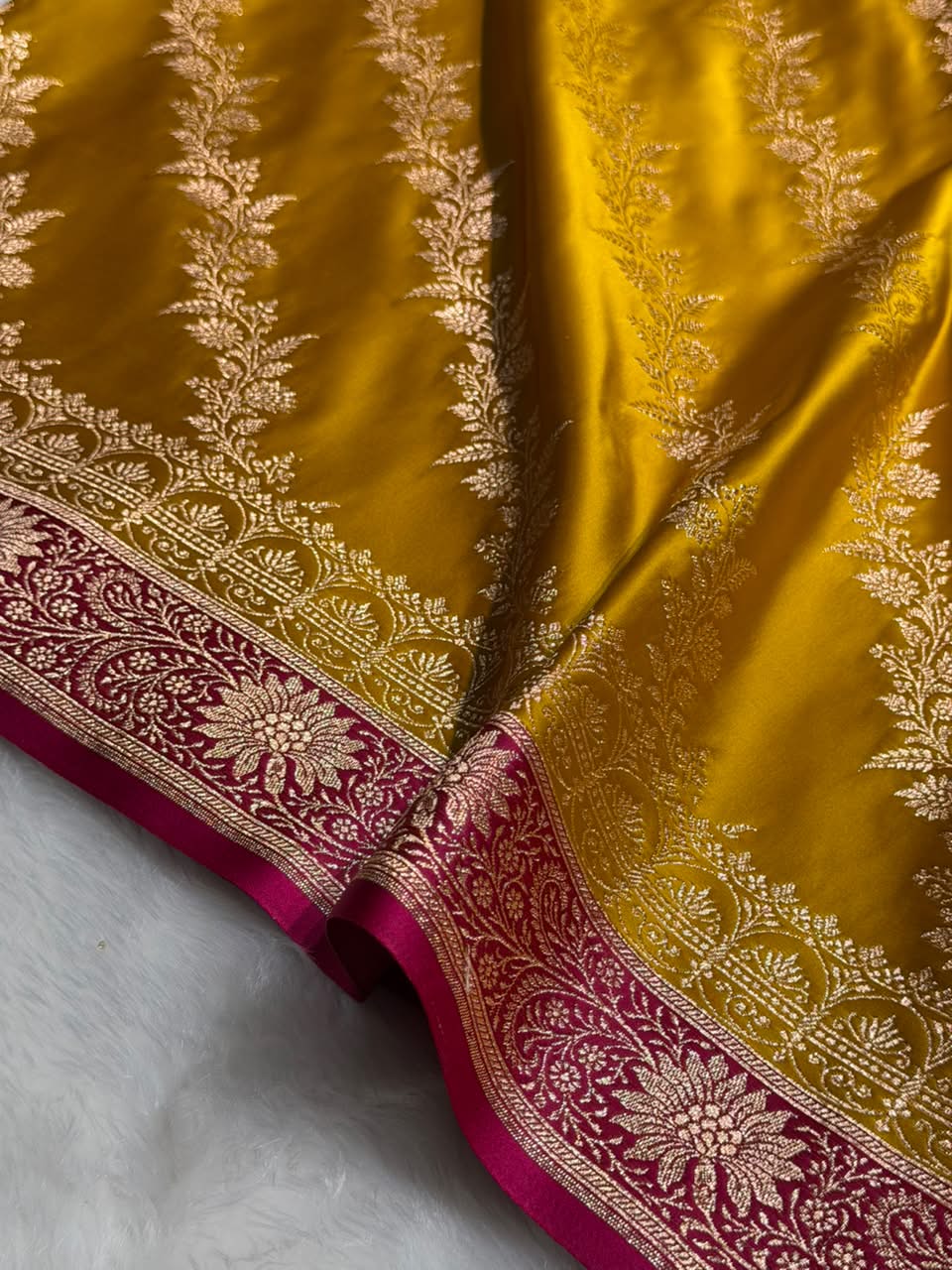 Mustard Yellow \ Rani Pink Contrast Satin Katan Saree Floral Cross Pattern SK155