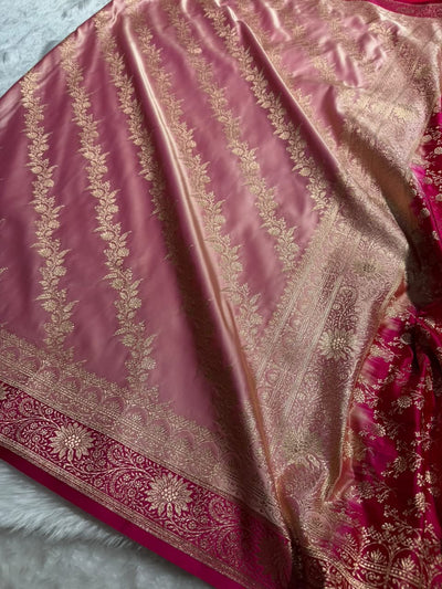 Peach \ Rani Pink Contrast Satin Katan Saree Floral Cross Pattern SK155