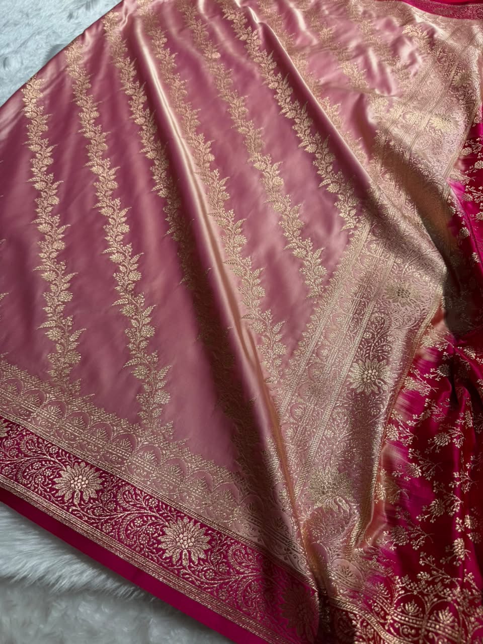 Peach \ Rani Pink Contrast Satin Katan Saree Floral Cross Pattern SK155