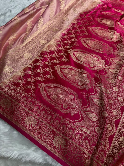 Peach \ Rani Pink Contrast Satin Katan Saree Floral Cross Pattern SK155