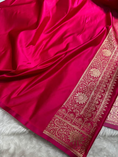 Peach \ Rani Pink Contrast Satin Katan Saree Floral Cross Pattern SK155