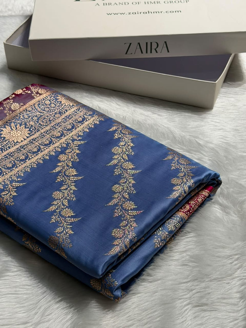 Nile Blue \ Rani Pink Contrast Satin Katan Saree Floral Cross Pattern SK155