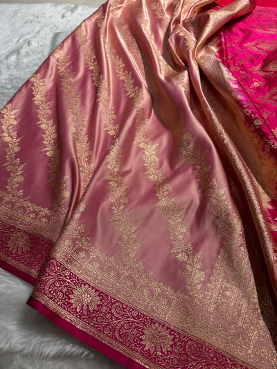 Peach \ Rani Pink Contrast Satin Katan Saree Floral Cross Pattern SK155