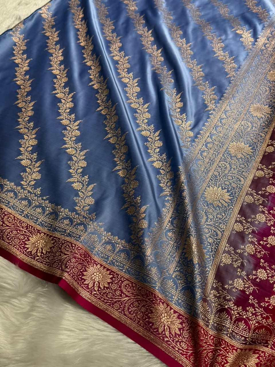 Nile Blue \ Rani Pink Contrast Satin Katan Saree Floral Cross Pattern SK155