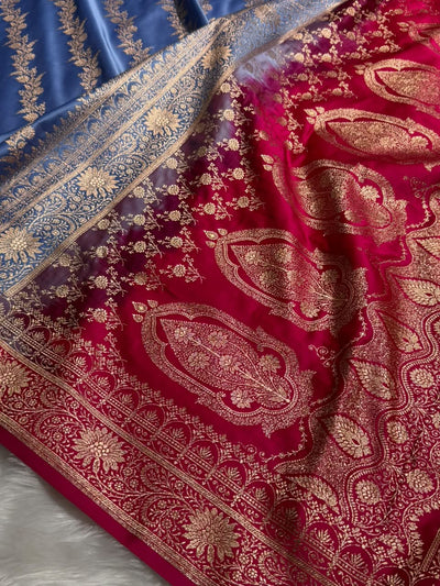 Nile Blue \ Rani Pink Contrast Satin Katan Saree Floral Cross Pattern SK155