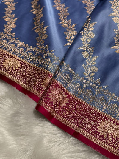 Nile Blue \ Rani Pink Contrast Satin Katan Saree Floral Cross Pattern SK155