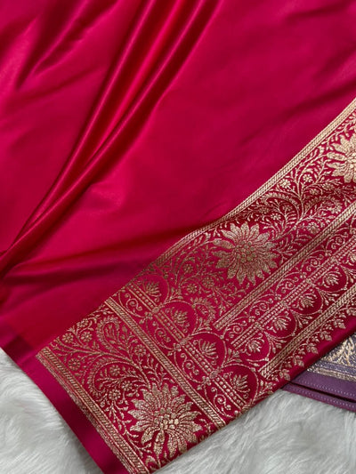 Nile Blue \ Rani Pink Contrast Satin Katan Saree Floral Cross Pattern SK155