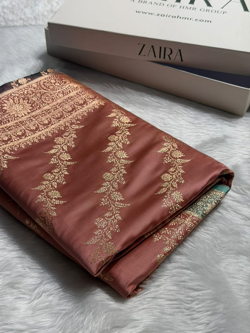 Peach \ Teal Green Contrast Satin Katan Saree Floral Cross Pattern SK155