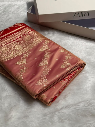 Peach \ Red Contrast Satin Katan Saree Floral Cross Pattern SK156