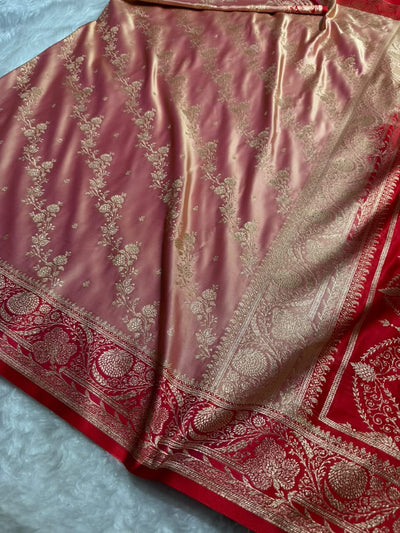 Peach \ Red Contrast Satin Katan Saree Floral Cross Pattern SK156