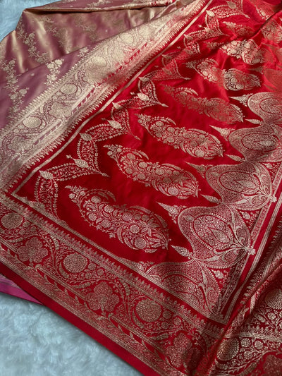 Peach \ Red Contrast Satin Katan Saree Floral Cross Pattern SK156