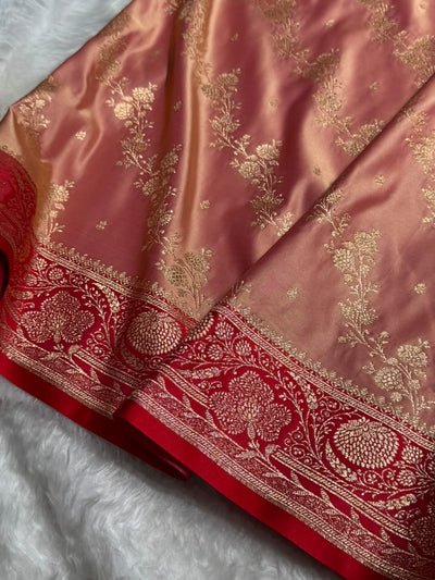 Peach \ Red Contrast Satin Katan Saree Floral Cross Pattern SK156