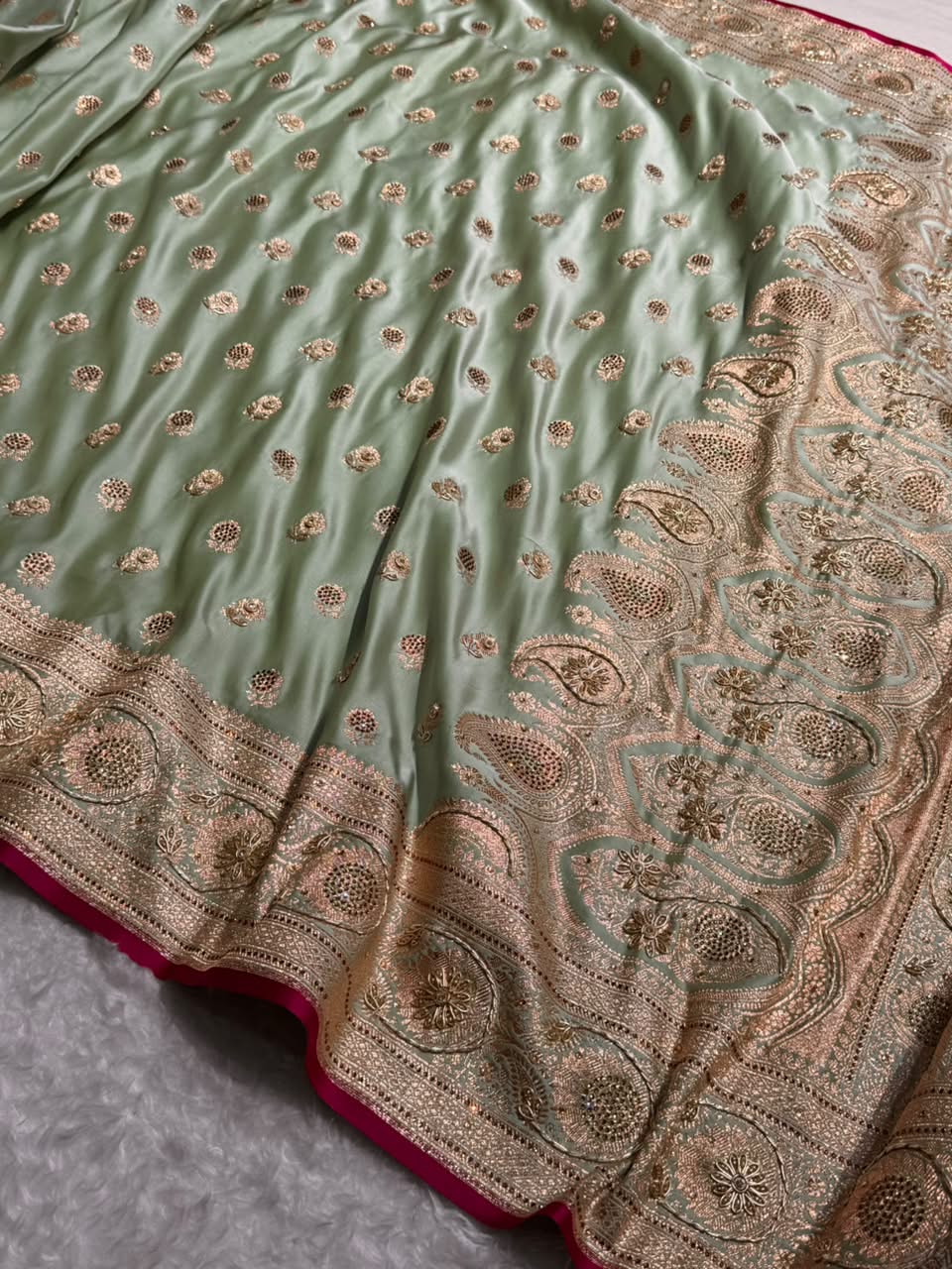 Banarasi Satin Katan Saree With Aari Zardozi Work Boota in Light Pista Shades BSK12