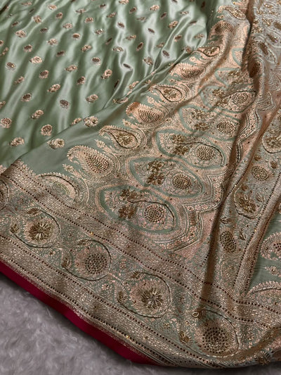Banarasi Satin Katan Saree With Aari Zardozi Work Boota in Light Pista Shades BSK12