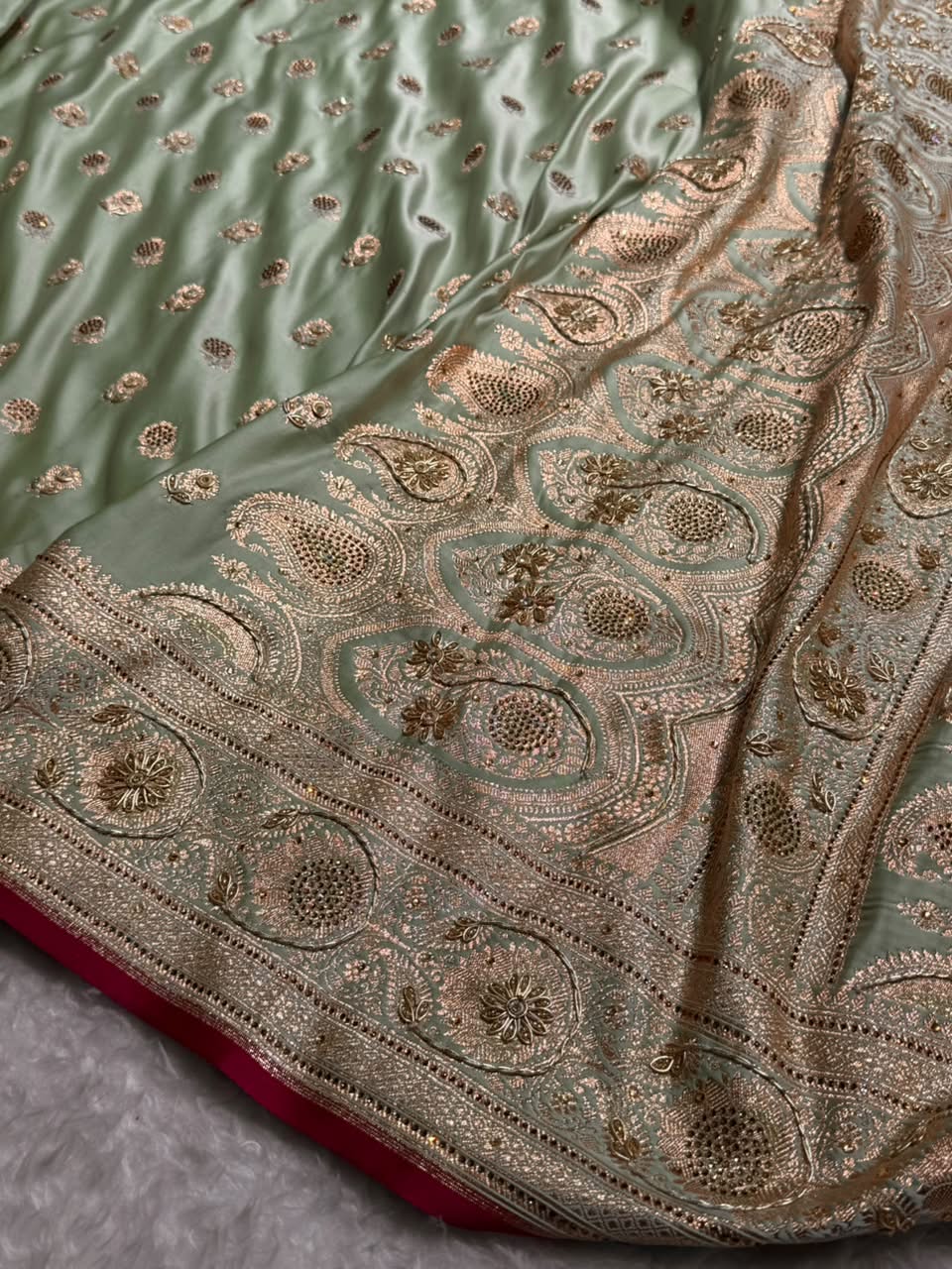 Banarasi Satin Katan Saree With Aari Zardozi Work Boota in Light Pista Shades BSK12