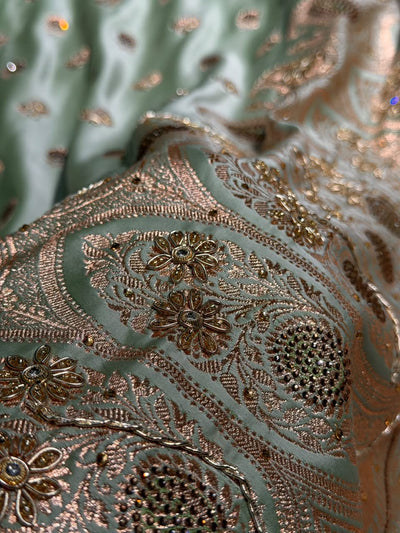 Banarasi Satin Katan Saree With Aari Zardozi Work Boota in Light Pista Shades BSK12