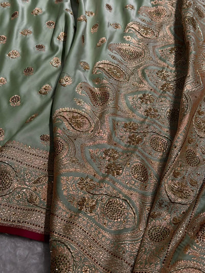 Banarasi Satin Katan Saree With Aari Zardozi Work Boota in Light Pista Shades BSK12