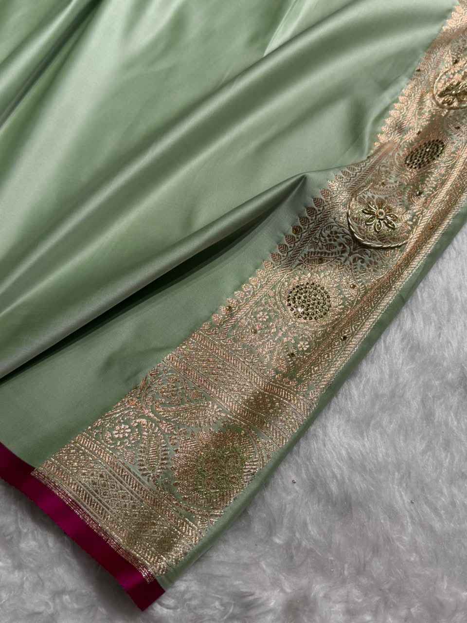 Banarasi Satin Katan Saree With Aari Zardozi Work Boota in Light Pista Shades BSK12