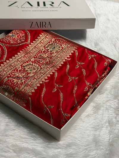 Banarasi Satin Katan Saree With Ari & Zardozi Work Cross Pattern in Bridal Red Shades BSK37