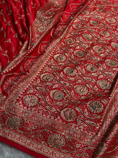 Banarasi Satin Katan Saree With Ari & Zardozi Work Cross Pattern in Bridal Red Shades BSK37