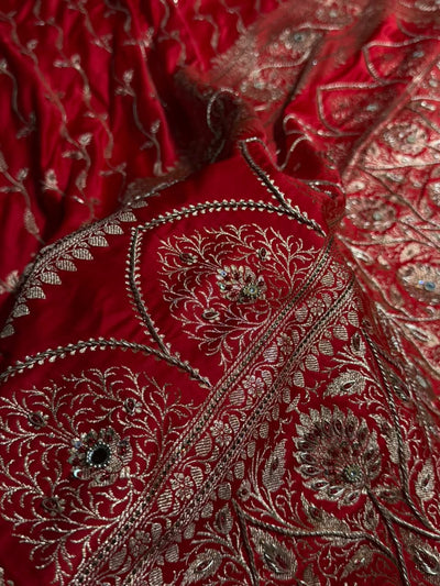 Banarasi Satin Katan Saree With Ari & Zardozi Work Cross Pattern in Bridal Red Shades BSK37