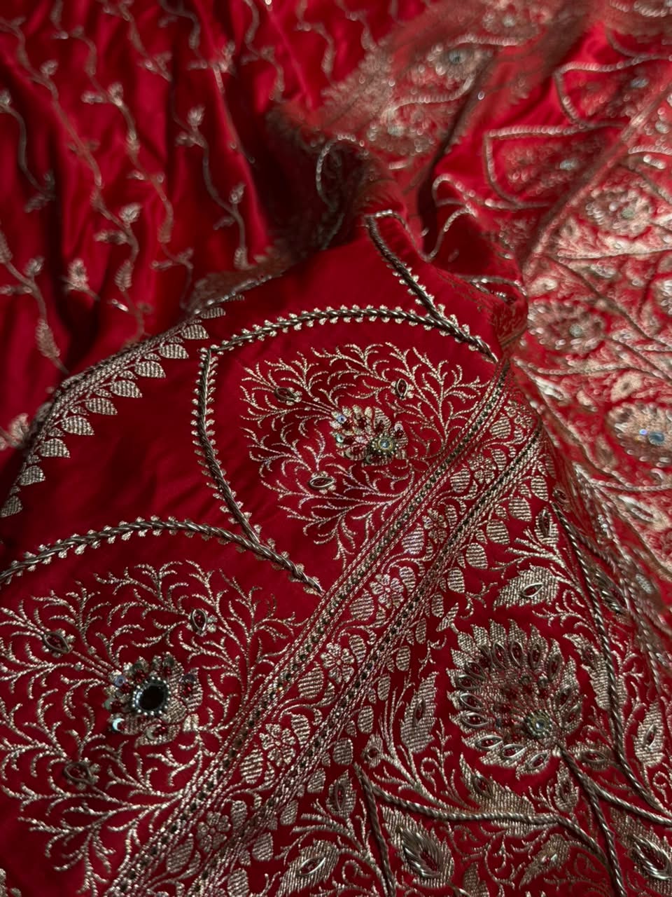 Banarasi Satin Katan Saree With Ari & Zardozi Work Cross Pattern in Bridal Red Shades BSK37