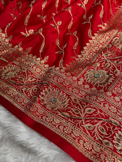 Banarasi Satin Katan Saree With Ari & Zardozi Work Cross Pattern in Bridal Red Shades BSK37