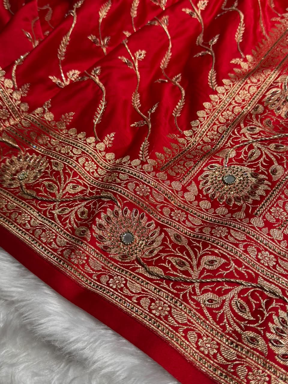 Banarasi Satin Katan Saree With Ari & Zardozi Work Cross Pattern in Bridal Red Shades BSK37