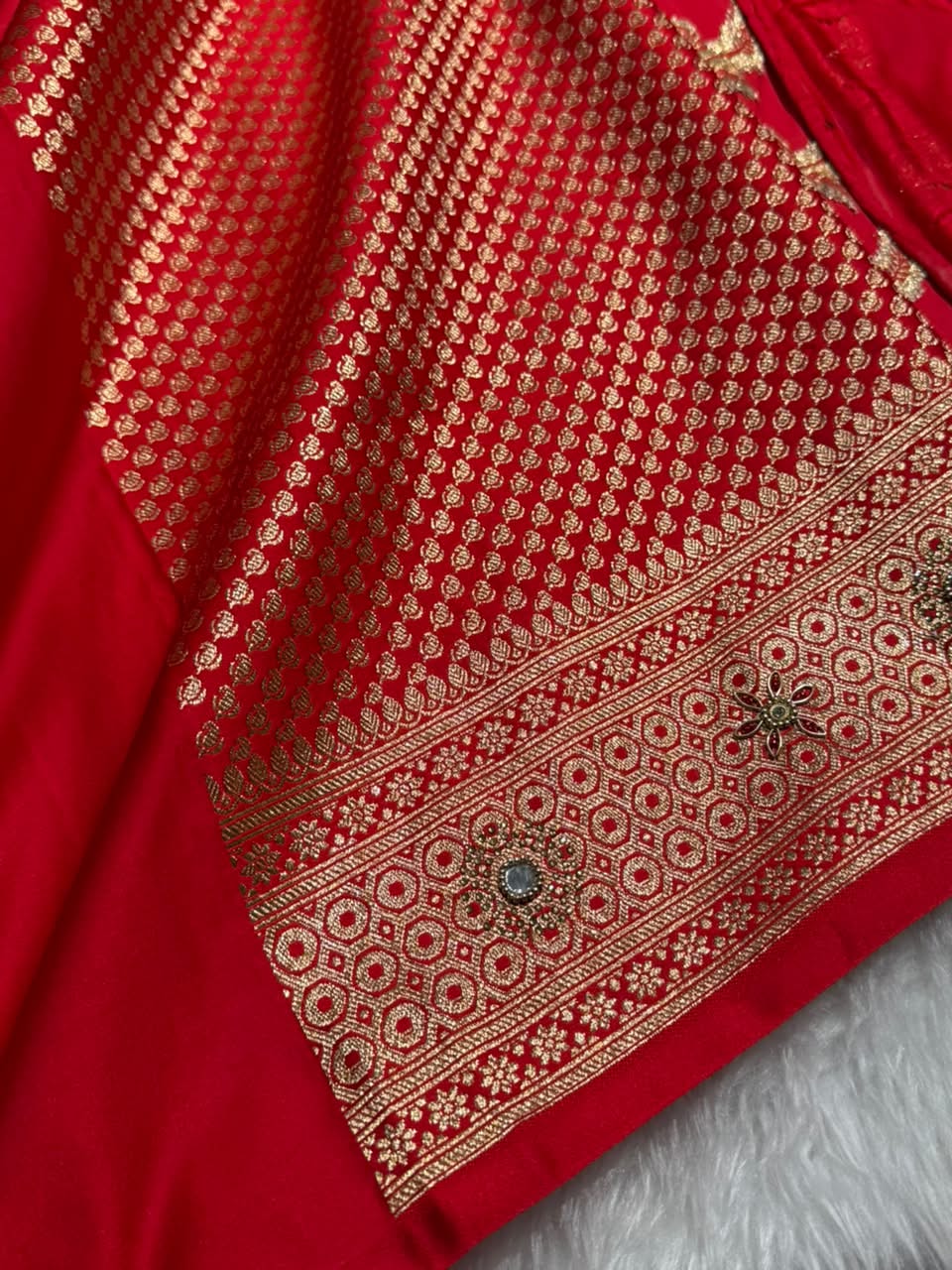 Banarasi Satin Katan Saree With Ari & Zardozi Work Cross Pattern in Bridal Red Shades BSK37