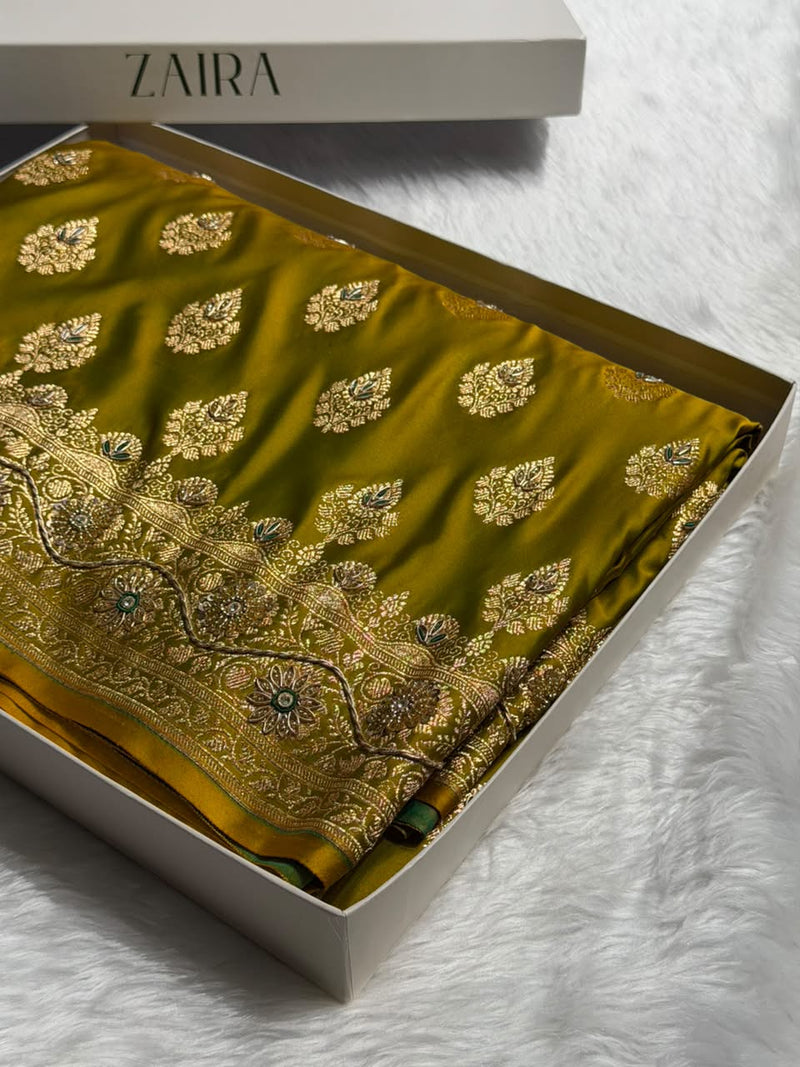 Banarasi Satin Katan Saree With Ari & Zardozi Work Boota in Mahendi Shades BSK158