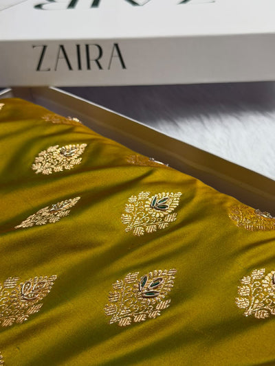 Banarasi Satin Katan Saree With Ari & Zardozi Work Boota in Mahendi Shades BSK158