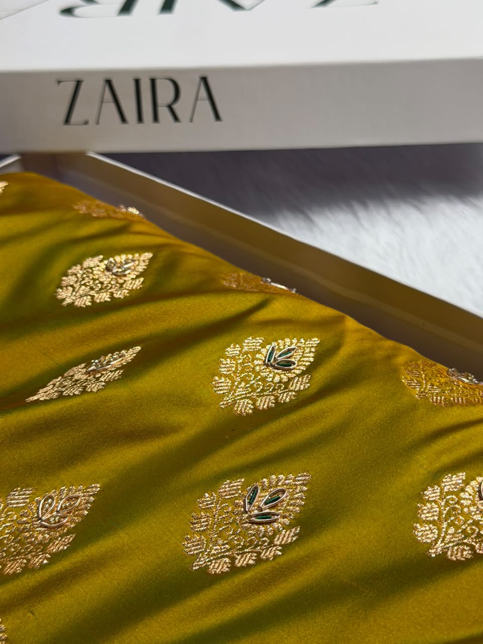 Banarasi Satin Katan Saree With Ari & Zardozi Work Boota in Mahendi Shades BSK158