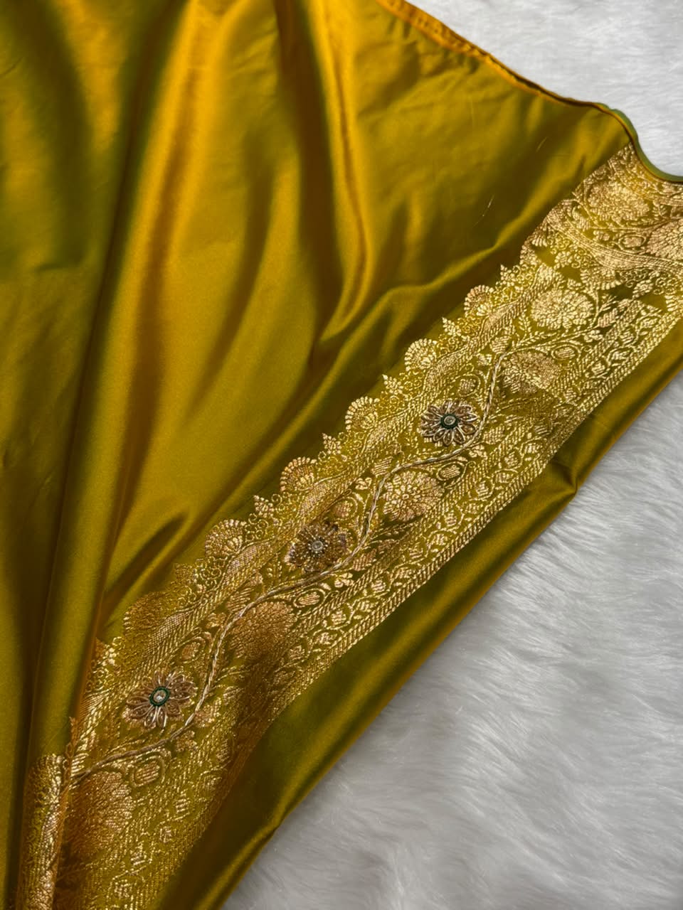 Banarasi Satin Katan Saree With Ari & Zardozi Work Boota in Mahendi Shades BSK158