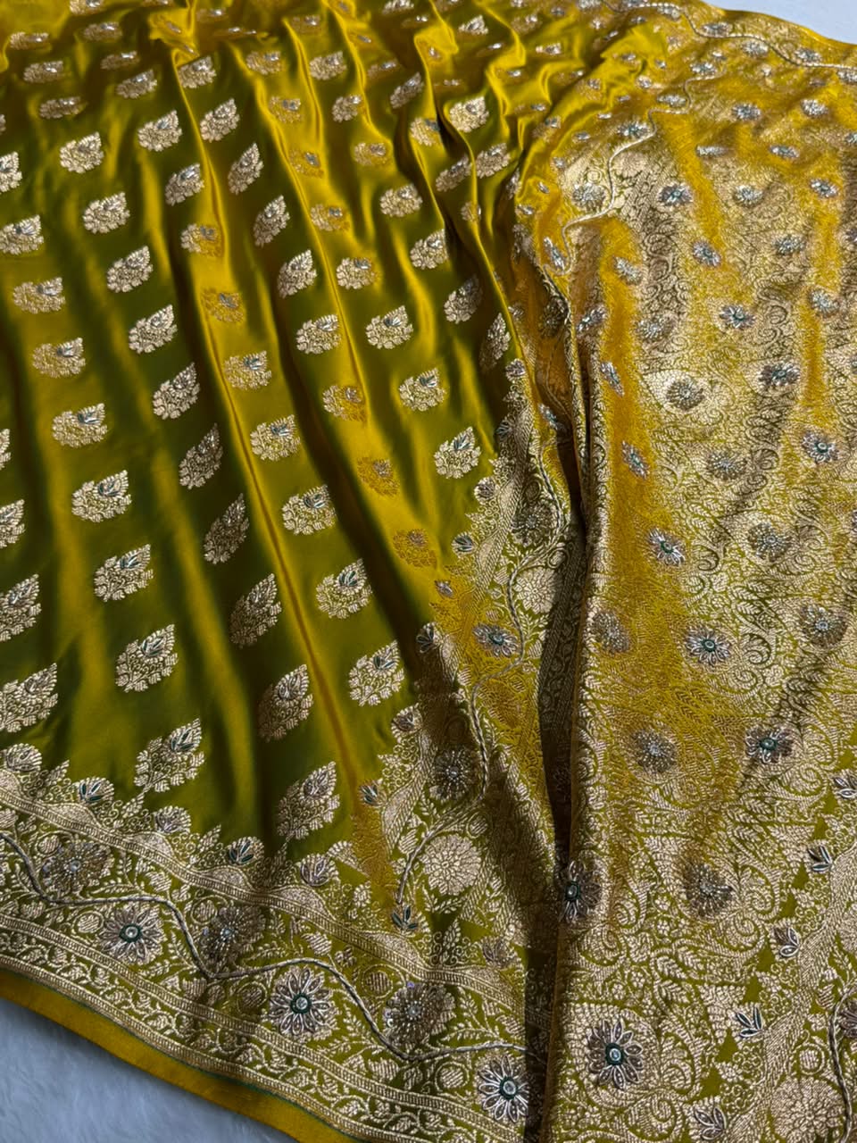Banarasi Satin Katan Saree With Ari & Zardozi Work Boota in Mahendi Shades BSK158