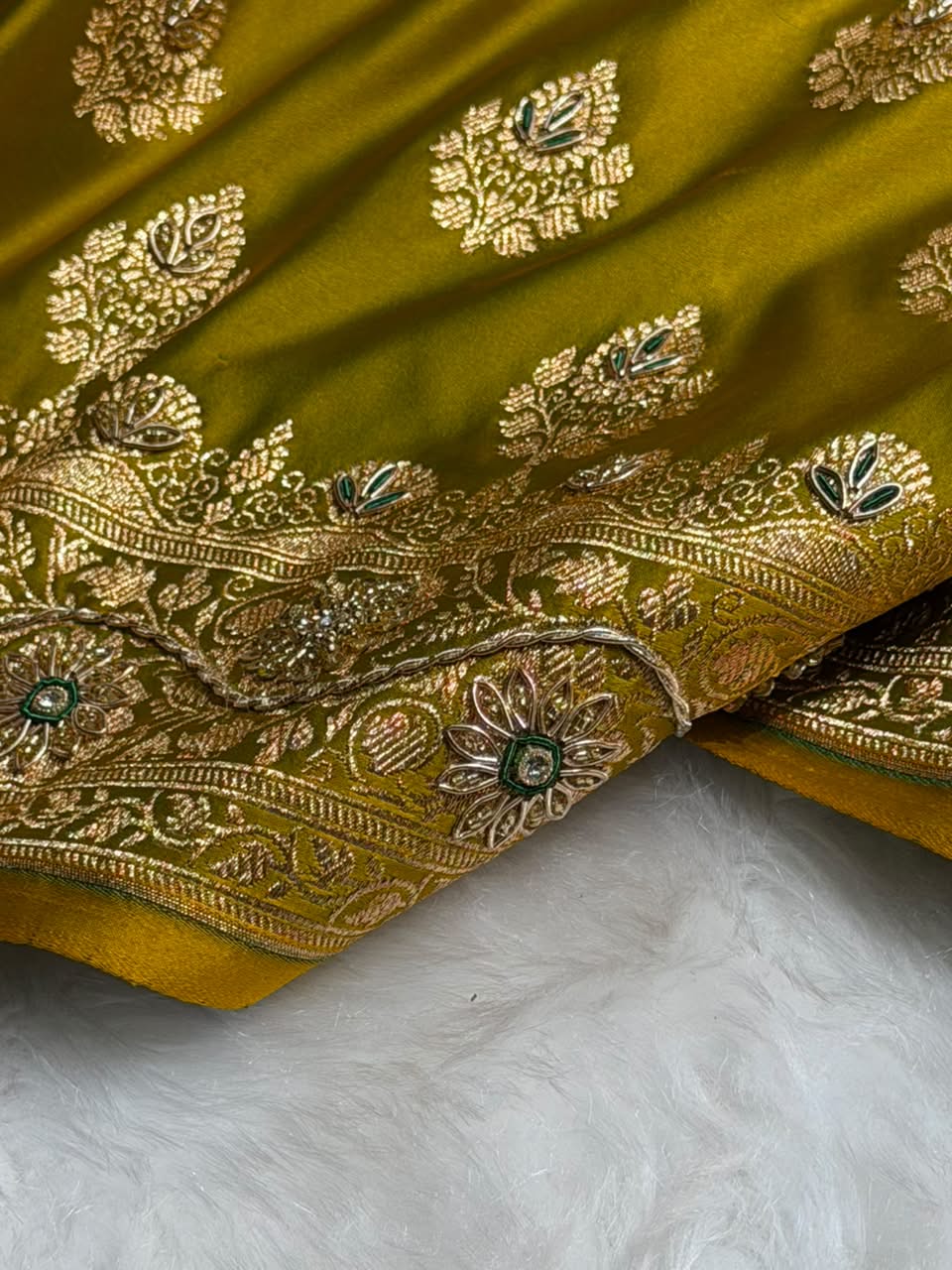 Banarasi Satin Katan Saree With Ari & Zardozi Work Boota in Mahendi Shades BSK158