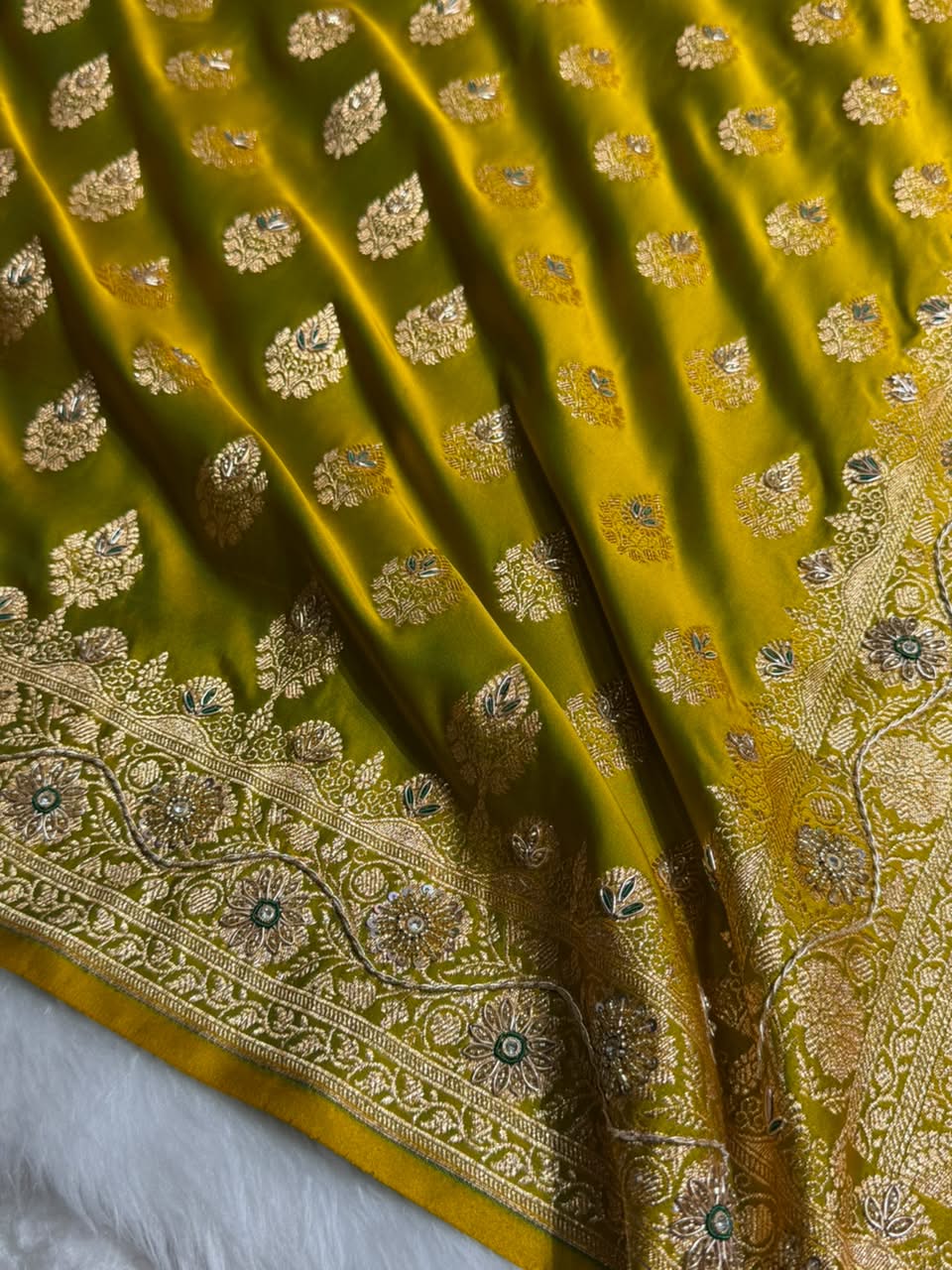 Banarasi Satin Katan Saree With Ari & Zardozi Work Boota in Mahendi Shades BSK158