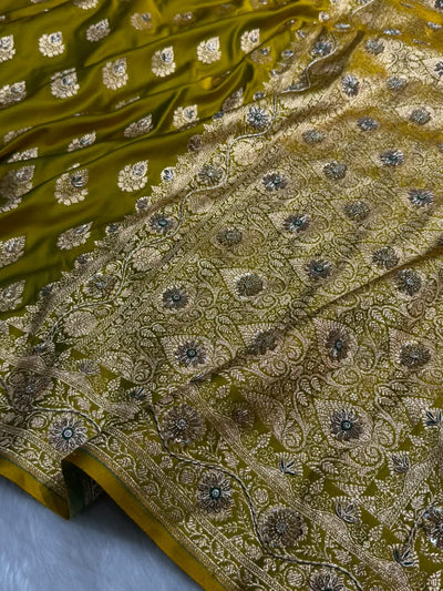Banarasi Satin Katan Saree With Ari & Zardozi Work Boota in Mahendi Shades BSK158