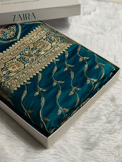 Banarasi Satin Katan Saree With Ari & Zardozi Work Cross Pattern in Bridal Peacock Green  Shades BSK37