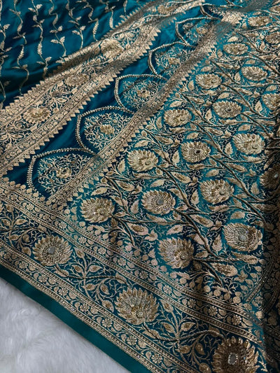 Banarasi Satin Katan Saree With Ari & Zardozi Work Cross Pattern in Bridal Peacock Green  Shades BSK37
