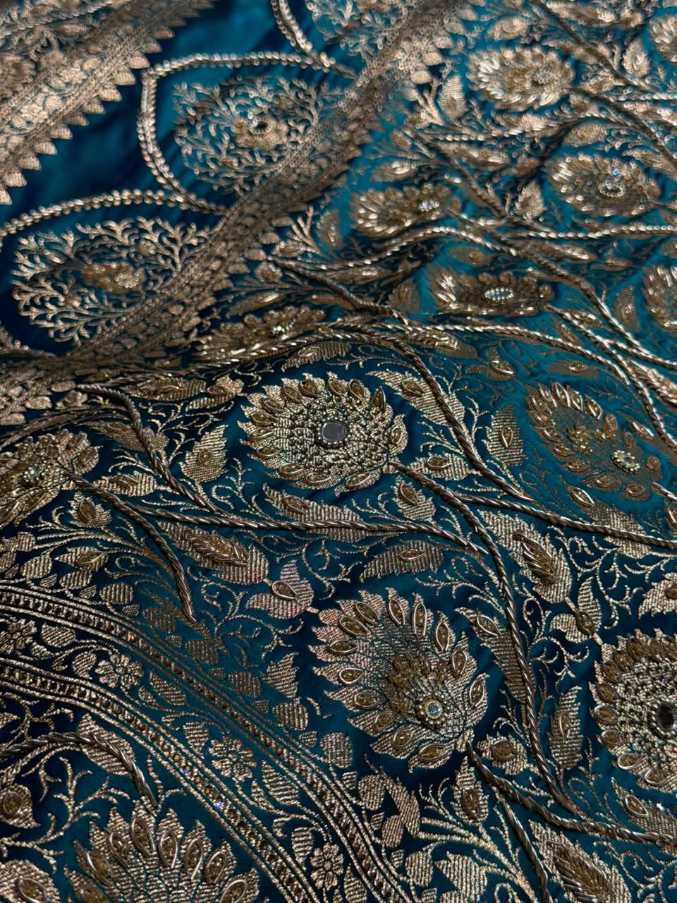 Banarasi Satin Katan Saree With Ari & Zardozi Work Cross Pattern in Bridal Peacock Green  Shades BSK37
