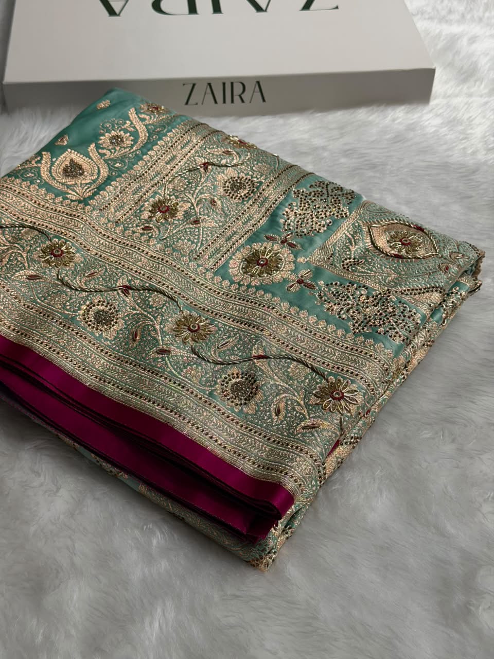 Banarasi Satin Katan Saree With Aari Zardozi Work Boota in Sky Blue Shades BSK12
